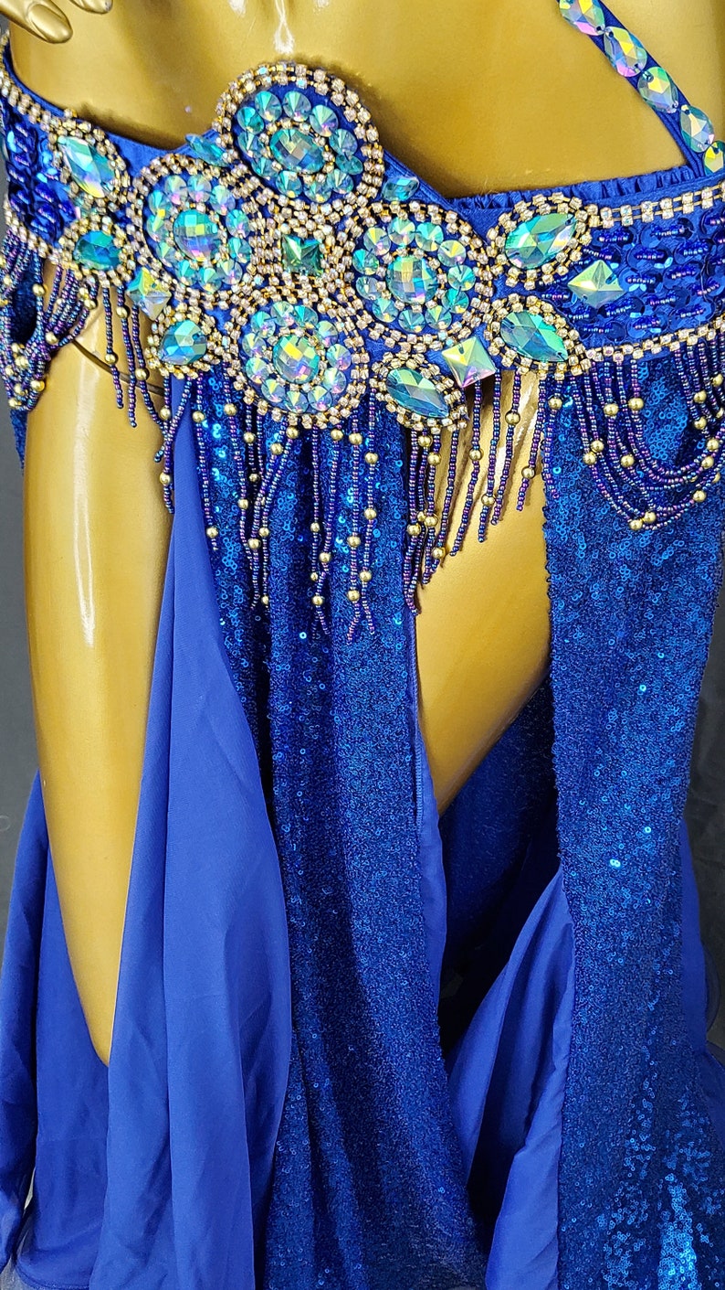 Women's Royal Blue Sequin & Beaded Halter Top Belly Dance Costume with Slit Skirt