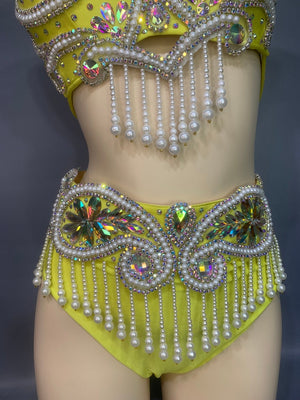 Belly Dance Costume, Women's Yellow Sequin & Pearl Embellished Halter Bra Top and High-Waisted Briefs Set, Latin Dance