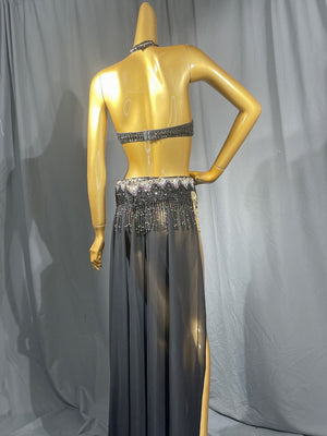 Belly Dance Costume, Women's Black & Gold Embellished Halter Top & Flowy Slit Skirt, Beaded & Sequin Performance Set