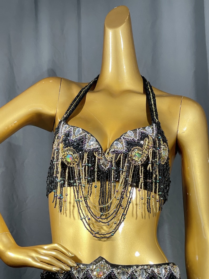 Belly Dance Costume, Women's Black & Gold Embellished Halter Top & Flowy Slit Skirt, Beaded & Sequin Performance Set