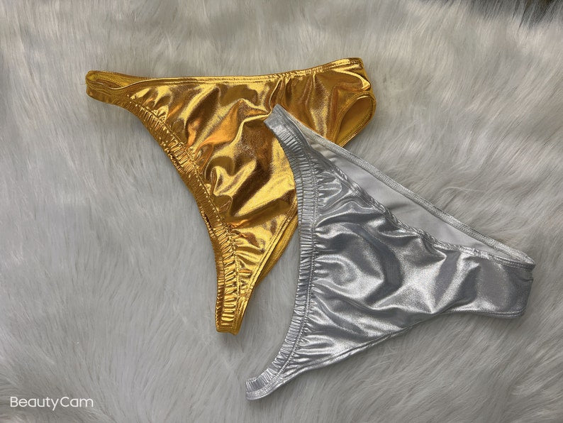 Dance Bottoms Women Gold Silver Metallic Ruched Sides High Cut Thong Bikini Bottoms for Pole Dance