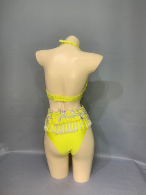Belly Dance Costume, Women's Yellow Sequin & Pearl Embellished Halter Bra Top and High-Waisted Briefs Set, Latin Dance