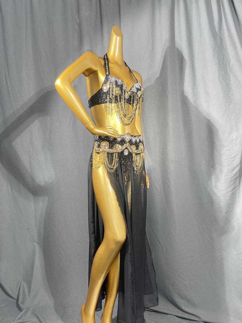 Belly Dance Costume, Women's Black & Gold Embellished Halter Top & Flowy Slit Skirt, Beaded & Sequin Performance Set