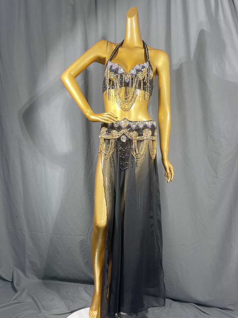 Belly Dance Costume, Women's Black & Gold Embellished Halter Top & Flowy Slit Skirt, Beaded & Sequin Performance Set