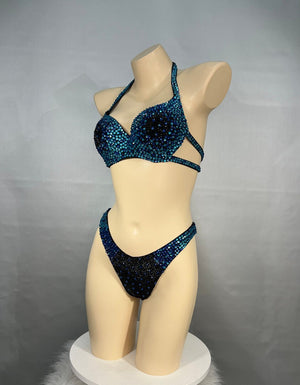 Women's Blue & Black Ombre Sequin Halter Neck Bikini Top and High-Cut Bottom Set, Embellished Bodybuilding Competition Suit