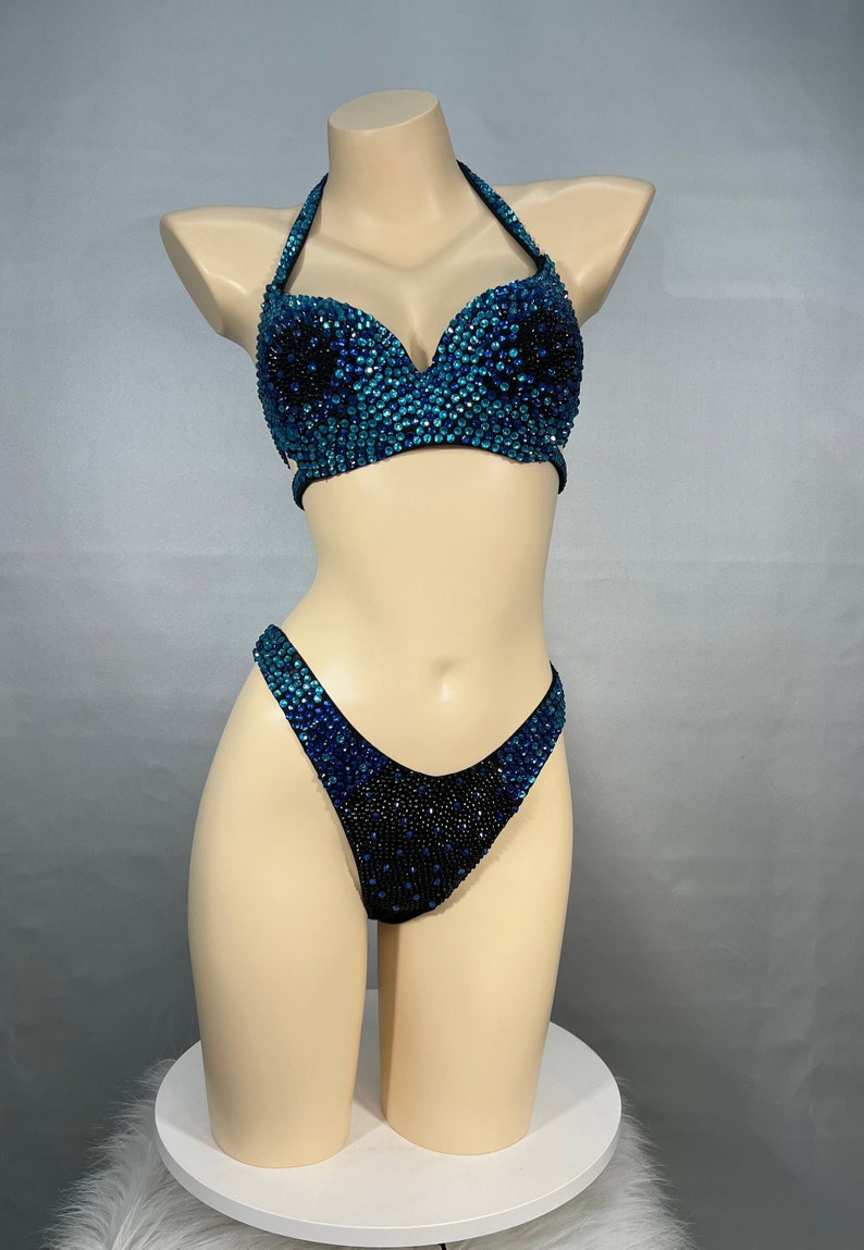 Women's Blue & Black Ombre Sequin Halter Neck Bikini Top and High-Cut Bottom Set, Embellished Bodybuilding Competition Suit
