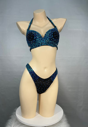 Women's Blue & Black Ombre Sequin Halter Neck Bikini Top and High-Cut Bottom Set, Embellished Bodybuilding Competition Suit