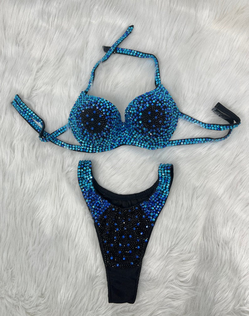 Women's Blue & Black Ombre Sequin Halter Neck Bikini Top and High-Cut Bottom Set, Embellished Bodybuilding Competition Suit