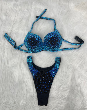 Women's Blue & Black Ombre Sequin Halter Neck Bikini Top and High-Cut Bottom Set, Embellished Bodybuilding Competition Suit