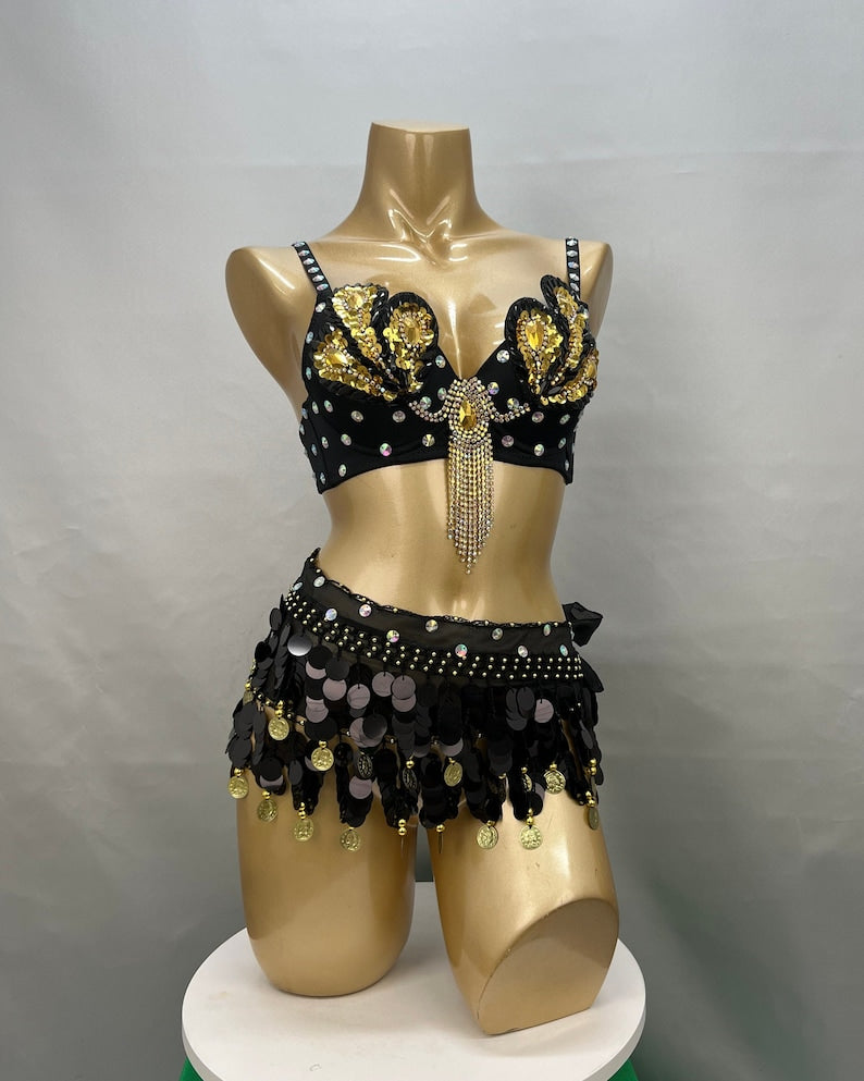 Belly Dance Bra and Belt Set, Women's Red Sequin & Rhinestone Embellished with Gold Coin Fringe, Performance Costume