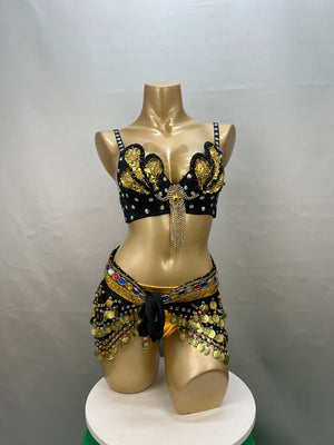 Women's Black & Gold Sequin Rhinestone Belly Dance Bra Top & Hip Scarf Set