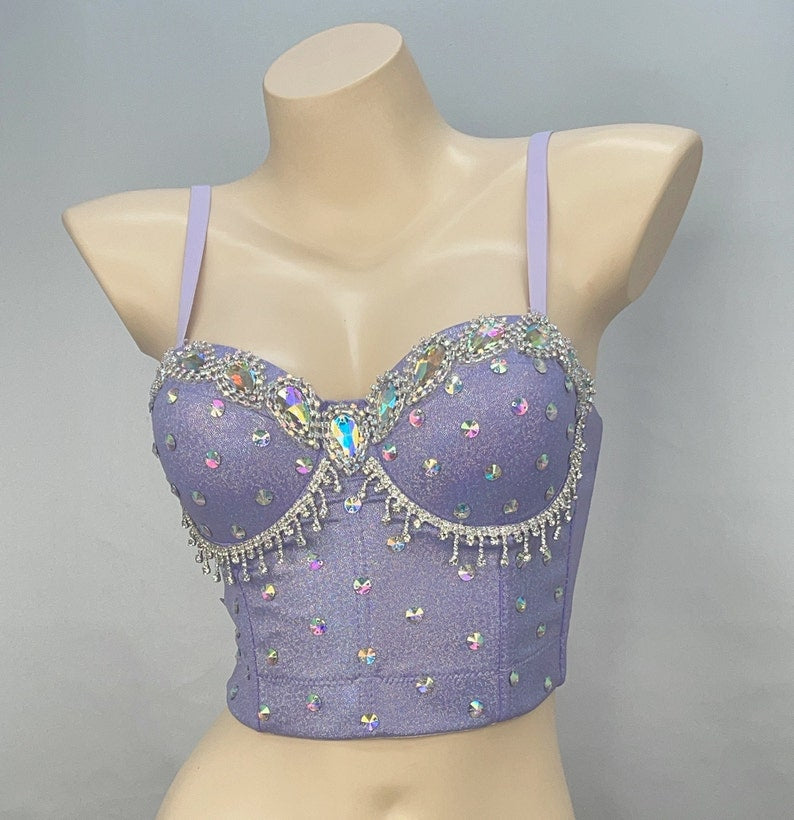 Dance Top Women's Lavender Sequin Rhinestone Embellished Strappy Corset