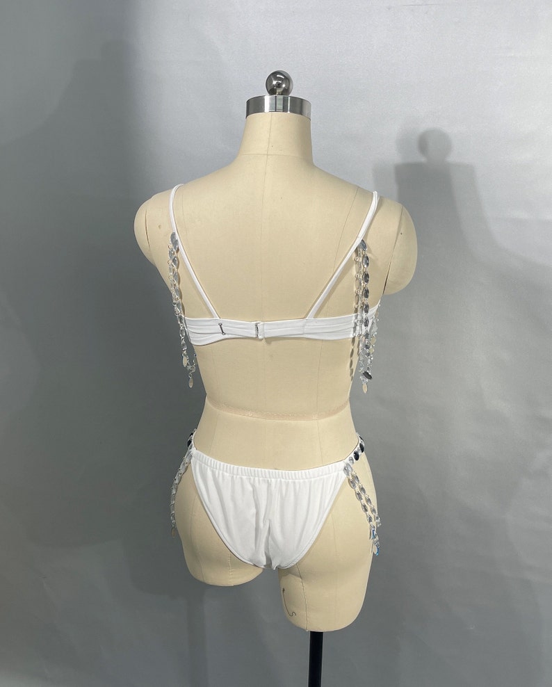 Women's White, Blue & Black Sequin & Jewel Embellished Bra & Panty Set with Chain Accents, Belly Dance