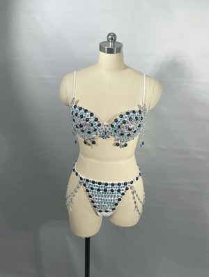 Women's White, Blue & Black Sequin & Jewel Embellished Bra & Panty Set with Chain Accents, Belly Dance