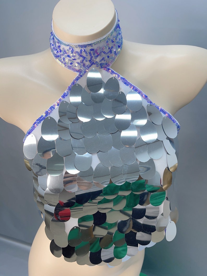 Dance Halter Top, Women's Iridescent Sequin Choker Halter Top, Rave Festival Apparel