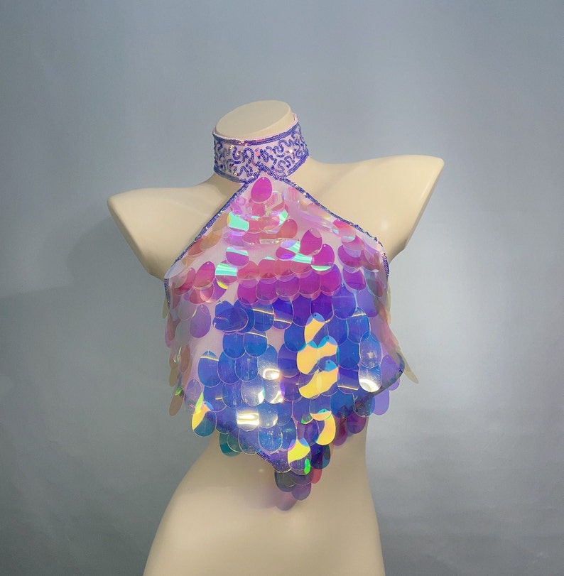 Dance Halter Top, Women's Iridescent Sequin Choker Halter Top, Rave Festival Apparel