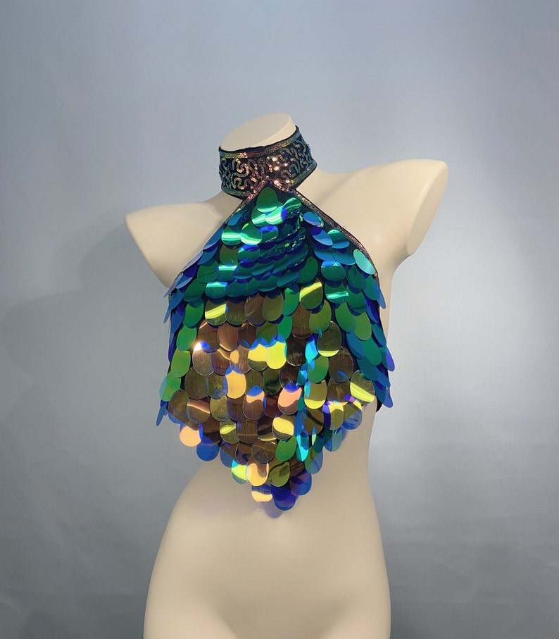 Dance Halter Top, Women's Iridescent Sequin Choker Halter Top, Rave Festival Apparel