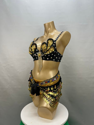 Women's Black & Gold Sequin Rhinestone Belly Dance Bra Top & Hip Scarf Set