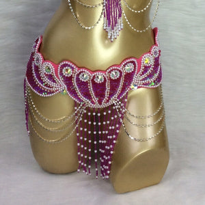 Belly Dance Hip Scarf, Women's White Sequin & Beaded Fringe Hip Belt, Gold Chain Draped Belly Dance Costume Accessory