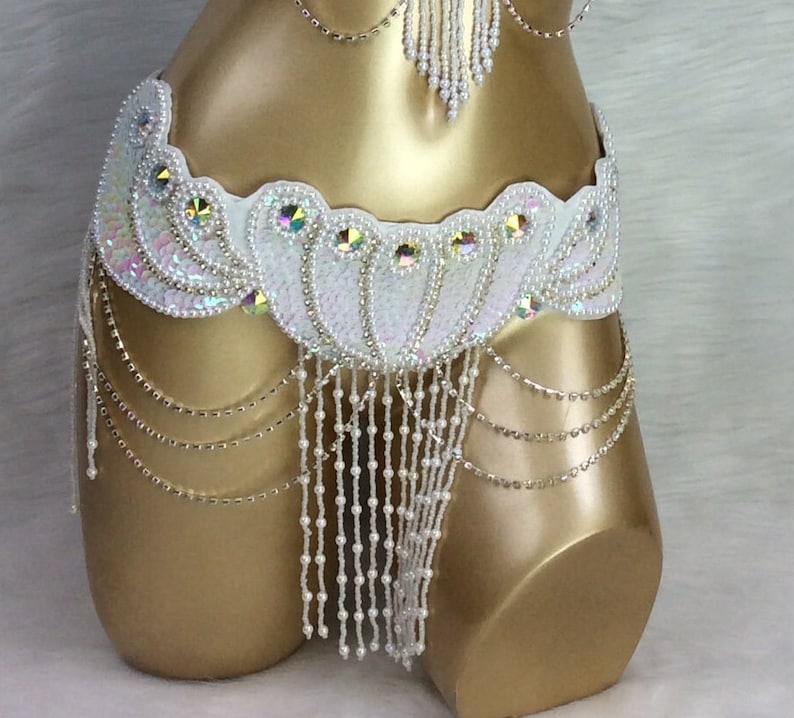 Belly Dance Hip Scarf, Women's White Sequin & Beaded Fringe Hip Belt, Gold Chain Draped Belly Dance Costume Accessory