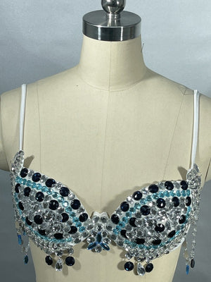 Women's White, Blue & Black Sequin & Jewel Embellished Bra & Panty Set with Chain Accents, Belly Dance