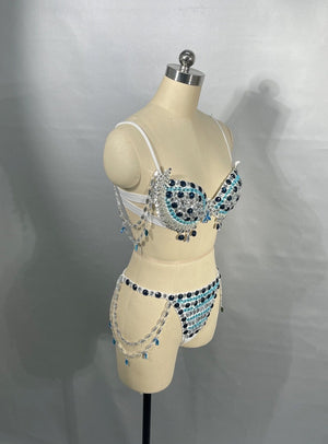 Women's White, Blue & Black Sequin & Jewel Embellished Bra & Panty Set with Chain Accents, Belly Dance
