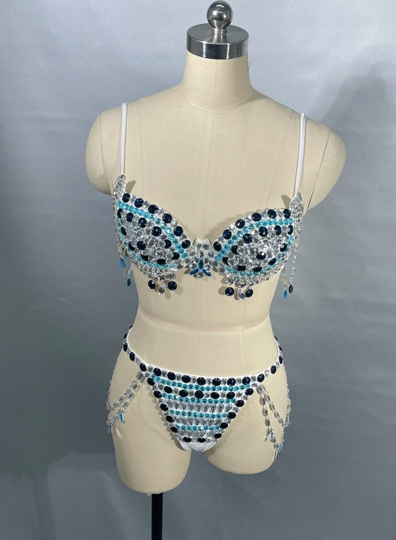 Women's White, Blue & Black Sequin & Jewel Embellished Bra & Panty Set with Chain Accents, Belly Dance