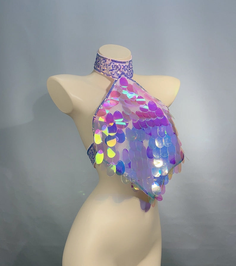Dance Halter Top, Women's Iridescent Sequin Choker Halter Top, Rave Festival Apparel