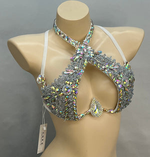 Women's Silver Sequin & Rhinestone Halter Neck Two-Piece Dancewear Set, Latin/Salsa