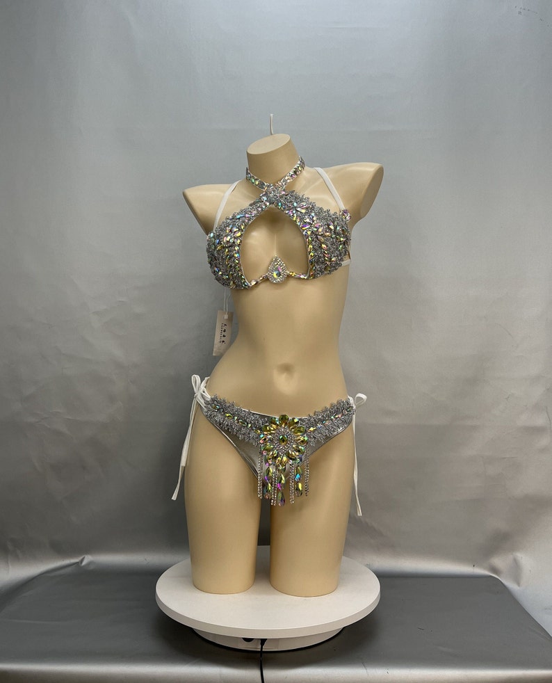 Women's Silver Sequin & Rhinestone Halter Neck Two-Piece Dancewear Set, Latin/Salsa