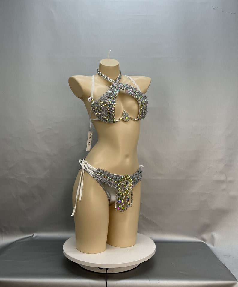 Women's Silver Sequin & Rhinestone Halter Neck Two-Piece Dancewear Set, Latin/Salsa