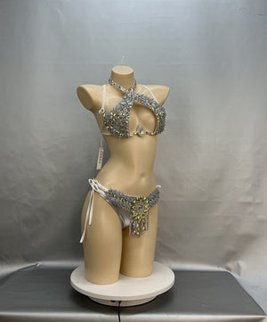Women's Silver Sequin & Rhinestone Halter Neck Two-Piece Dancewear Set, Latin/Salsa