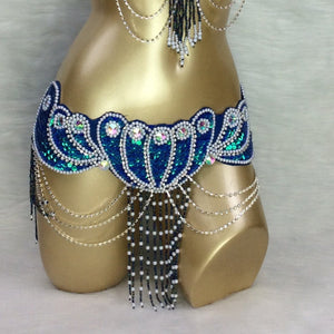 Belly Dance Hip Scarf, Women's White Sequin & Beaded Fringe Hip Belt, Gold Chain Draped Belly Dance Costume Accessory