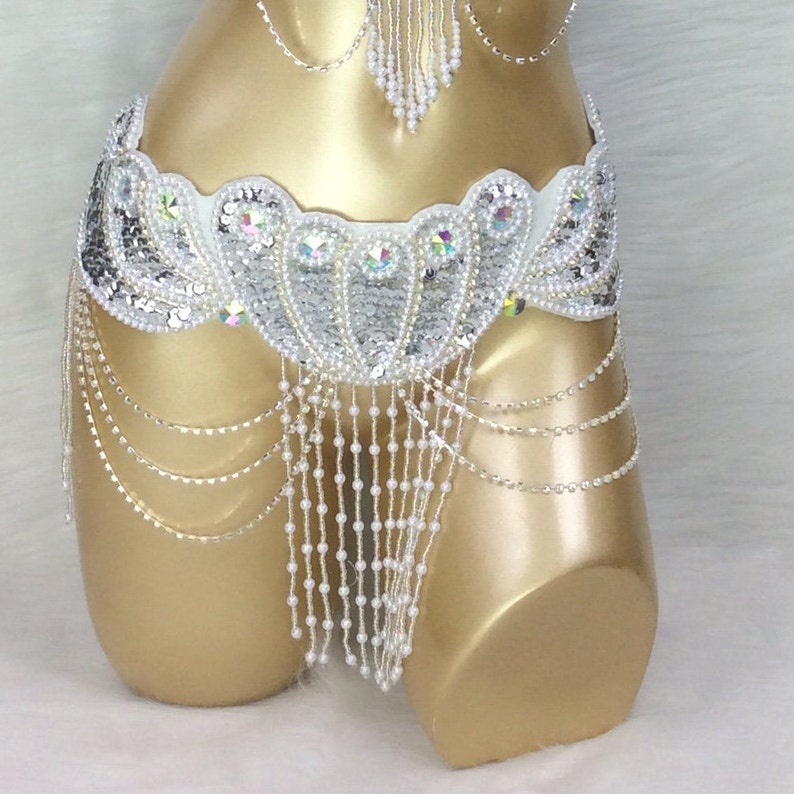 Belly Dance Hip Scarf, Women's White Sequin & Beaded Fringe Hip Belt, Gold Chain Draped Belly Dance Costume Accessory