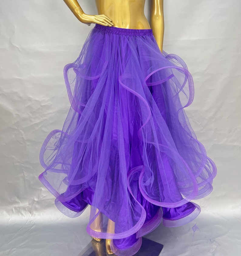Ballroom Dance Skirt, Women's Blue Tulle Ruffled Full Length Skirt, Standard Ballroom Dancewear