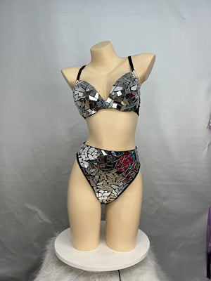 Dance Bra and Skirt Set Women's Silver and Black Mirrored Sequin and Fringe Belly Dance Costume