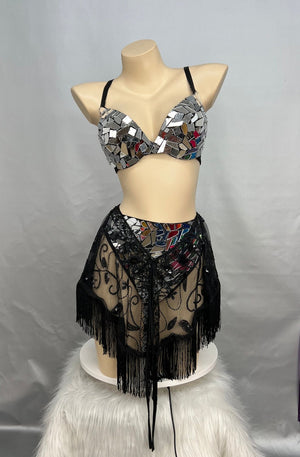 Dance Bra and Skirt Set Women's Silver and Black Mirrored Sequin and Fringe Belly Dance Costume