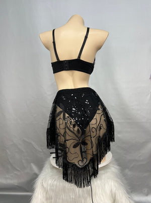 Dance Bra and Skirt Set Women's Silver and Black Mirrored Sequin and Fringe Belly Dance Costume