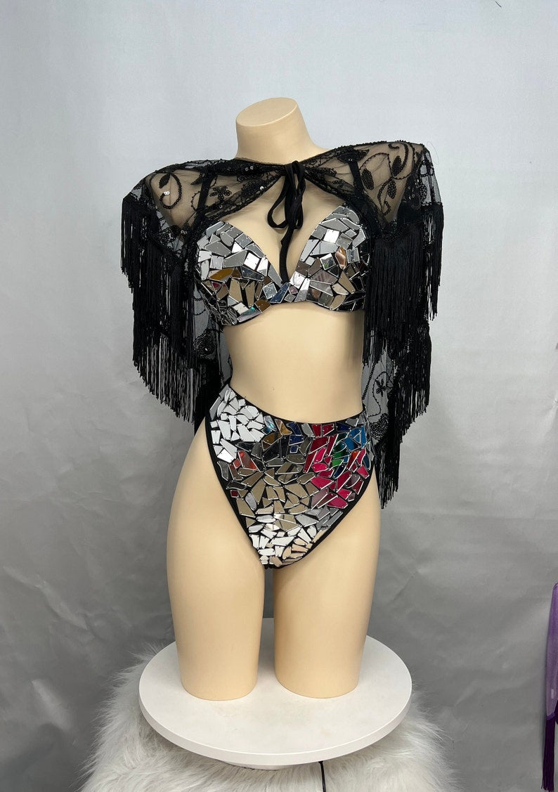 Dance Bra and Skirt Set Women's Silver and Black Mirrored Sequin and Fringe Belly Dance Costume
