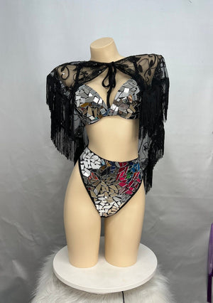 Dance Bra and Skirt Set Women's Silver and Black Mirrored Sequin and Fringe Belly Dance Costume