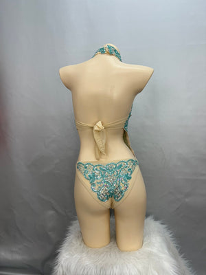 Dance Leotard Women's Teal Crystal Embellished Mesh Halter Neck Bodysuit, Latin Ballroom Performance Dancewear