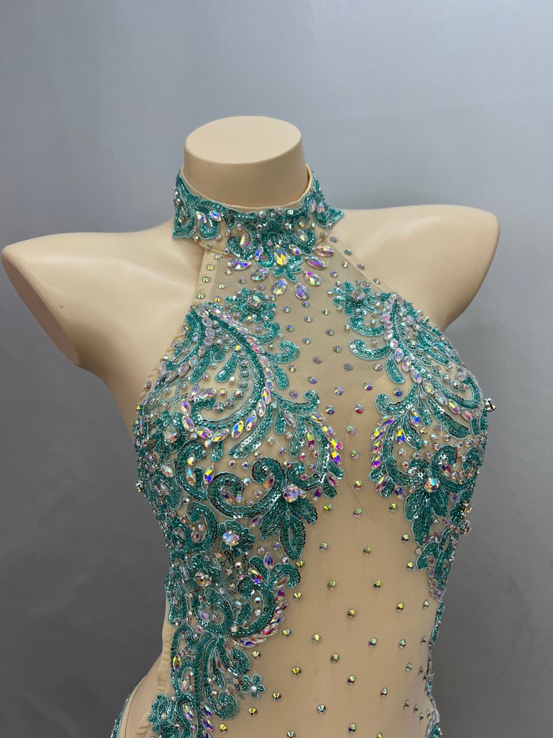 Dance Leotard Women's Teal Crystal Embellished Mesh Halter Neck Bodysuit, Latin Ballroom Performance Dancewear