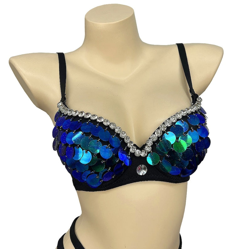 Dance Bra Women's Black Blue Green Sequin Rhinestone Padded Adjustable Strap Bra Top Belly Dance