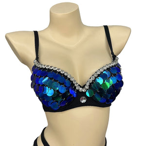 Dance Bra Women's Black Blue Green Sequin Rhinestone Padded Adjustable Strap Bra Top Belly Dance