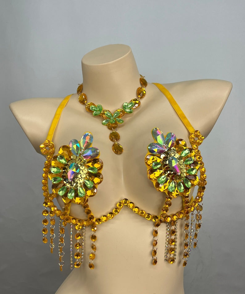 Belly Dance Bra Top, Women's Orange & Blue Sequin & Rhinestone Beaded Halter Top, Tribal Fusion Dancewear