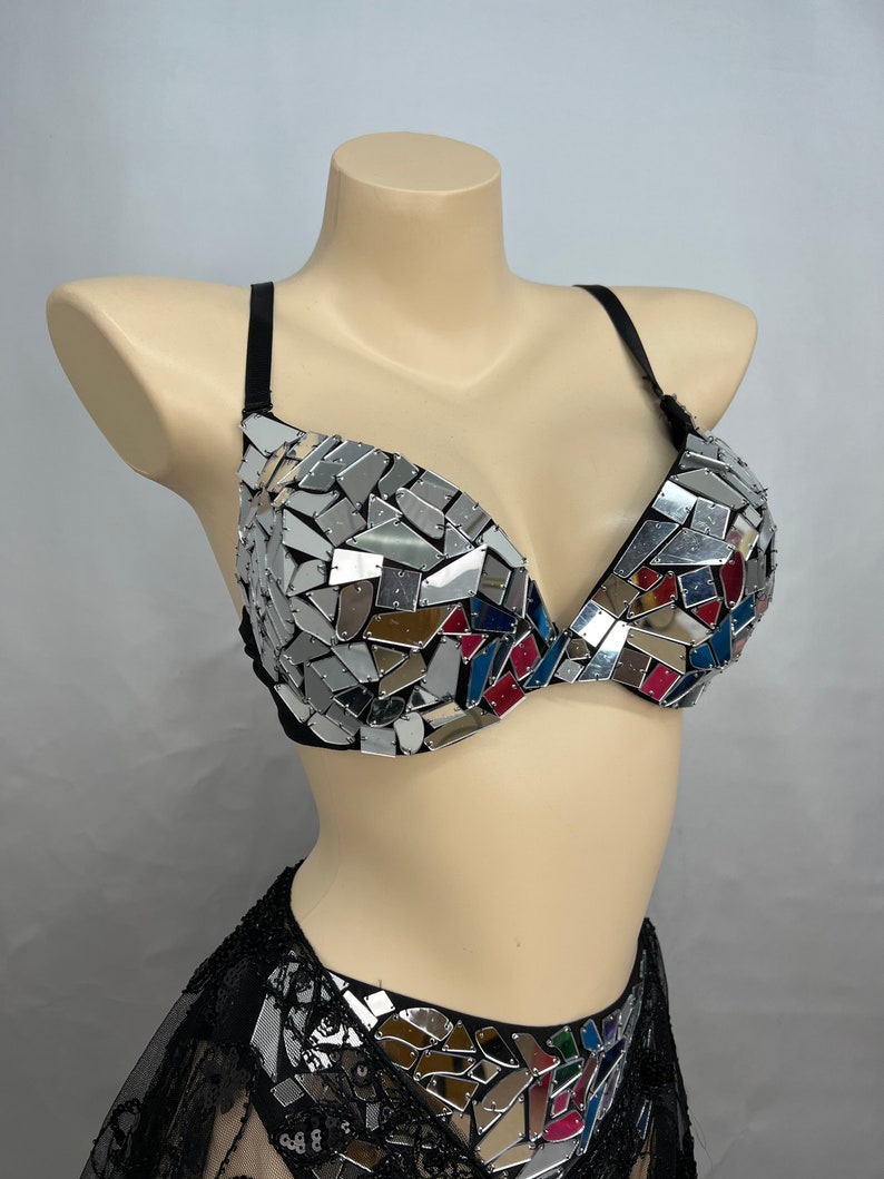 Dance Bra and Skirt Set Women's Silver and Black Mirrored Sequin and Fringe Belly Dance Costume