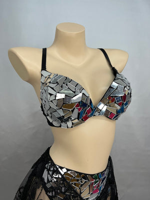 Dance Bra and Skirt Set Women's Silver and Black Mirrored Sequin and Fringe Belly Dance Costume
