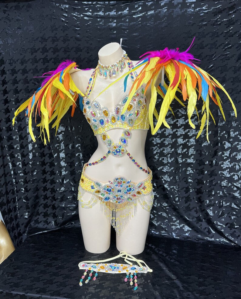 Carnival Dancewear Women's Multicolor Feathered & Bejeweled Yellow Bra Top and Belt Set with Headpiece, Belly Dance Costume