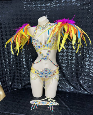 Carnival Dancewear Women's Multicolor Feathered & Bejeweled Yellow Bra Top and Belt Set with Headpiece, Belly Dance Costume