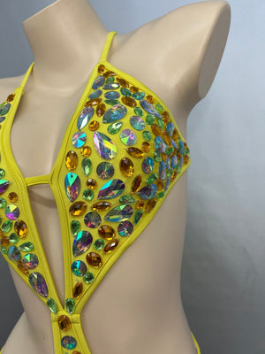 Dance Leotard Women's Yellow Cut-Out Halterneck Rhinestone Bodysuit for Performance